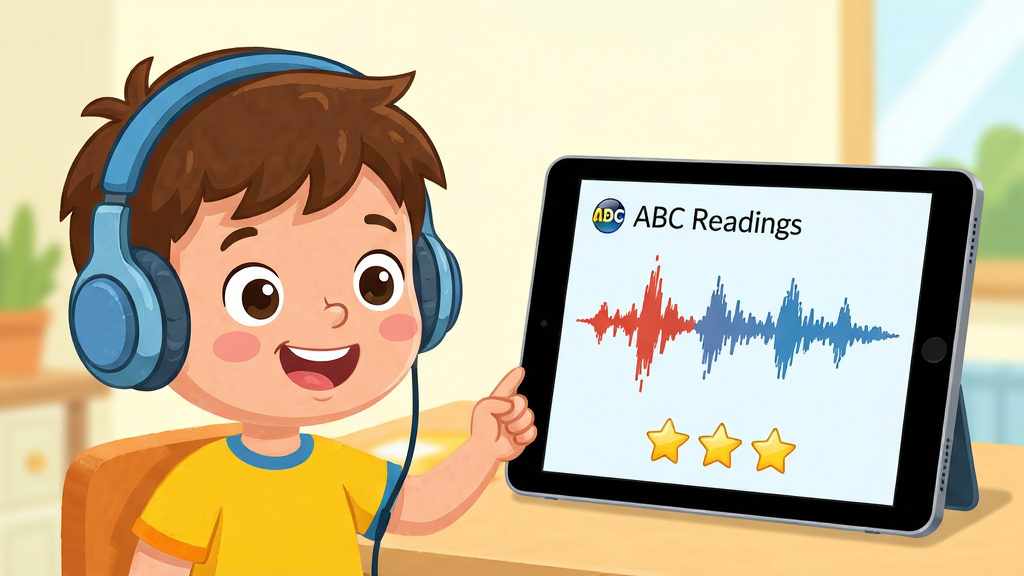 ABC Reading跟读功能界面展示,主体是一个卡通小男孩戴着耳机对着平板电脑跟读英语,布局为人物在左、屏幕在右,排版自然,风格为明亮活泼的儿童学习场景,细节包括屏幕上显示的发音波形图和星级评分,画质高清,干净,无多余元素