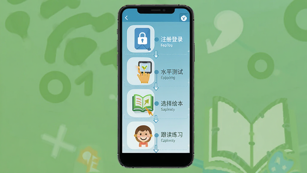 ABC Reading新手使用指南信息图,主体是一个手机屏幕展示操作步骤,布局为竖向排列的步骤图,排版清晰,风格为扁平化信息图设计,细节包括注册登录、水平测试、选择绘本、跟读练习四个步骤图标,画质高清,干净,无多余元素