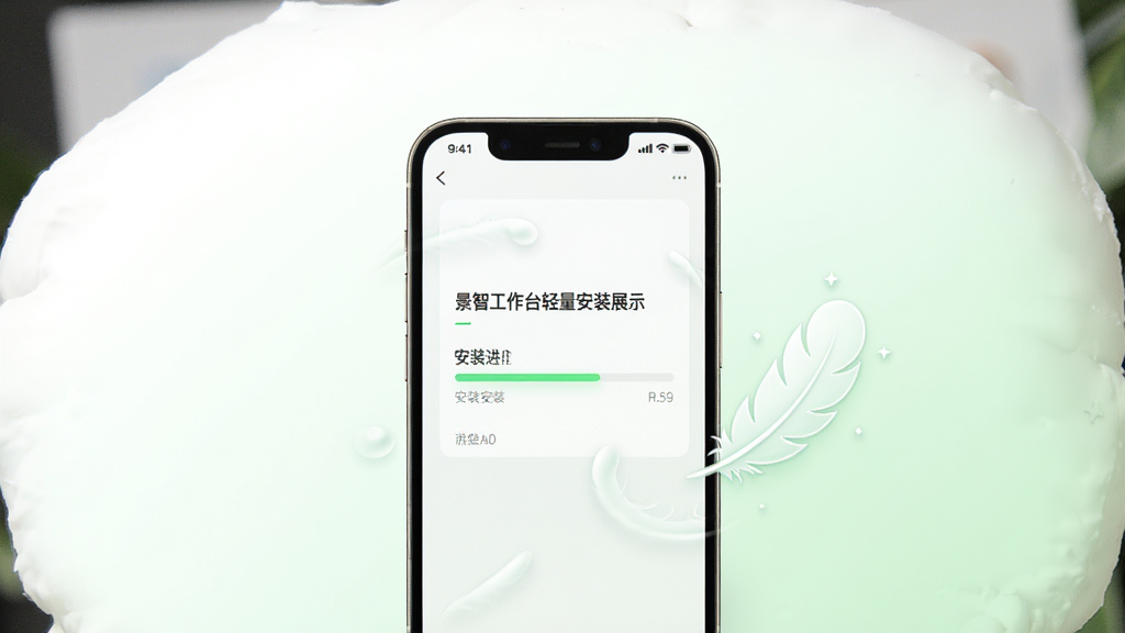 景智工作台轻量安装展示,画面中央一部手机正在显示安装进度条,手机旁边放置一个轻盈的羽毛图标象征轻量,背景为白色到浅绿色的渐变,风格清新简洁,排版居中,细节柔和,画质高清,画面干净,无多余元素