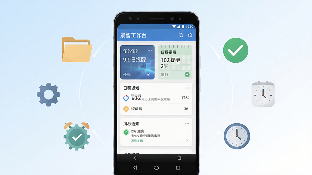 景智工作台手机应用主界面展示,画面中央放置一部安卓手机,手机屏幕上显示景智工作台的首页面板,包含任务卡片、日程提醒、消息通知等模块,手机周围环绕着简洁的办公图标元素如文件夹、对勾、时钟,背景为浅蓝到白色的渐变色调,整体风格清爽商务,排版居中对称,细节清晰,画质高清,画面干净,无多余元素