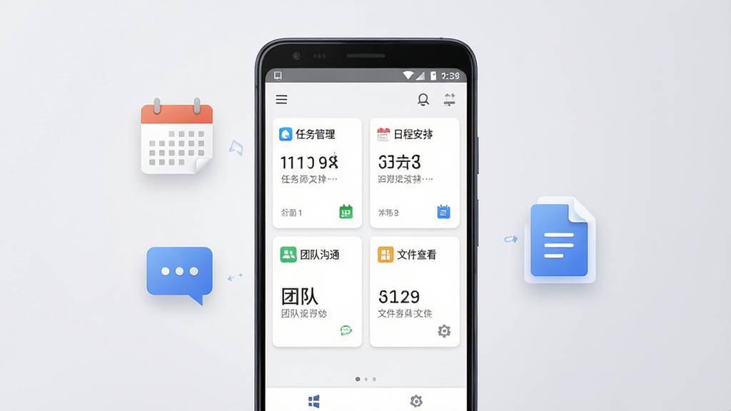 景智工作台一体化办公功能展示,画面中心为一部安卓手机,屏幕显示任务管理、日程安排、团队沟通、文件查看四个功能卡片整齐排列,手机两侧漂浮着对应的图标元素如日历、对话气泡、文档,背景为淡灰色渐变,风格简约商务,排版清晰有序,细节精致,画质高清,干净无多余元素