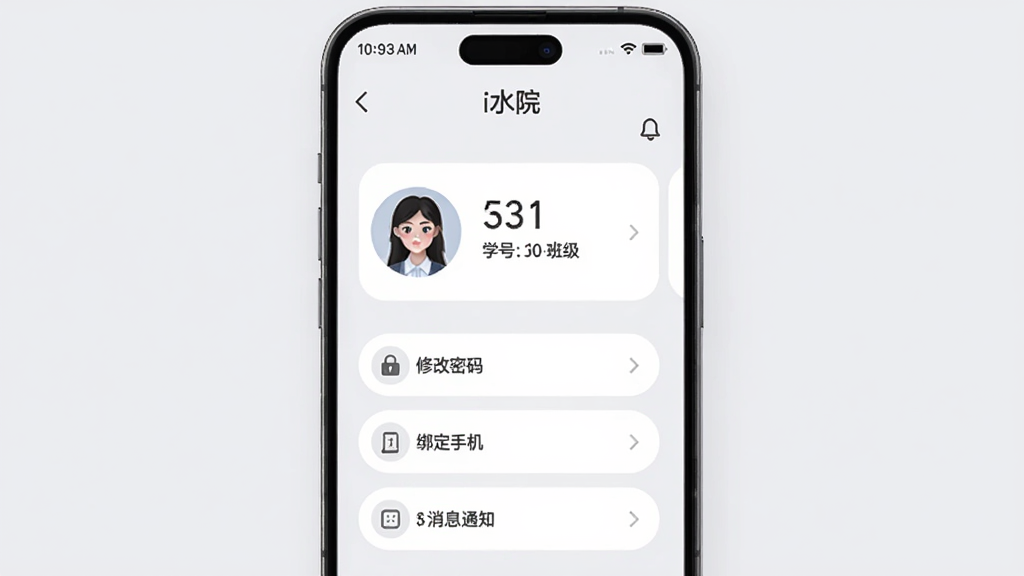 手机界面展示“i水院”个人中心页面,画面中显示用户头像、学号、班级信息卡片,下方有修改密码、绑定手机、消息通知等设置选项,界面采用柔和圆角设计,背景为浅灰色,风格素雅极简,高清画质,无多余元素