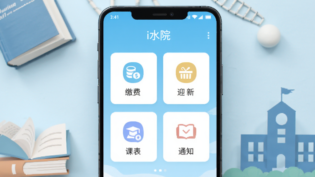 一部安卓手机屏幕中央显示“i水院”应用主界面,背景为浅蓝色渐变,界面中包含缴费、迎新、课表、通知等图标卡片,画面采用扁平化设计风格,手机周围有少量校园元素点缀如书本与建筑剪影,整体色调清爽干净,高清画质,无多余元素