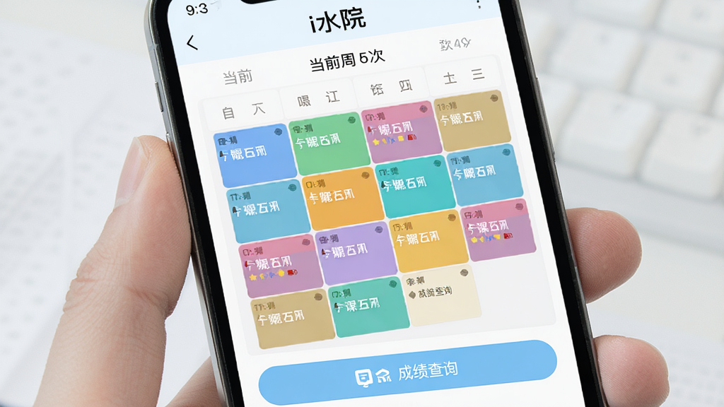 手机屏幕展示“i水院”课表查询界面,画面中为周课表网格布局,不同课程用不同颜色色块区分,顶部显示当前周次,底部有成绩查询入口按钮,整体风格清新浅色,高清画质,布局清晰,无多余元素