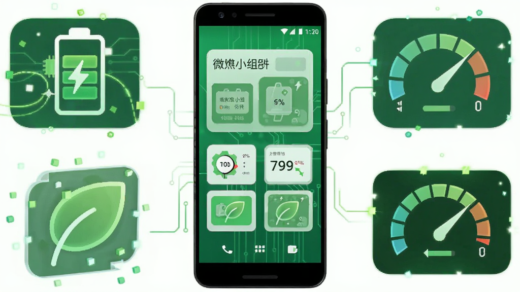 微小组件低功耗运行示意图,画面中央是一部安卓手机,周围环绕着电池图标、树叶图标和性能仪表盘,手机屏幕上显示微小组件的多个组件正常运行,整体风格为科技感绿色调,布局对称简洁,细节清晰,画质高清,画面干净无多余元素