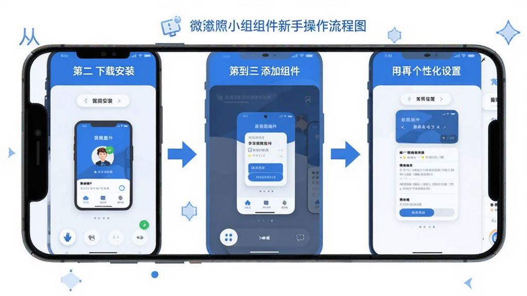 微小组件新手操作流程图,画面以手机屏幕为主体,分步骤展示从下载安装到添加组件再到个性化设置的完整流程,每一步用箭头连接,风格为扁平化信息图,配色以蓝白为主,细节清晰,画质高清,画面干净无多余元素