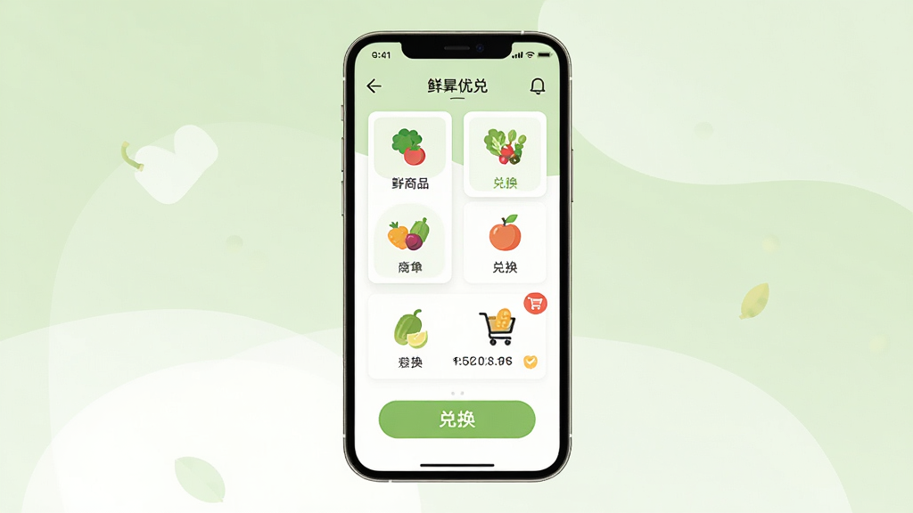 鲜优兑手机应用主界面展示,画面中央是一部竖屏手机,屏幕上呈现生鲜商品分类导航与兑换专区,背景是浅绿色与白色搭配的清新风格,主体为手机与界面,布局居中,排版简洁,风格为扁平化UI设计,细节包含蔬果图标、兑换按钮、购物车角标,画质清晰,干净,无多余元素