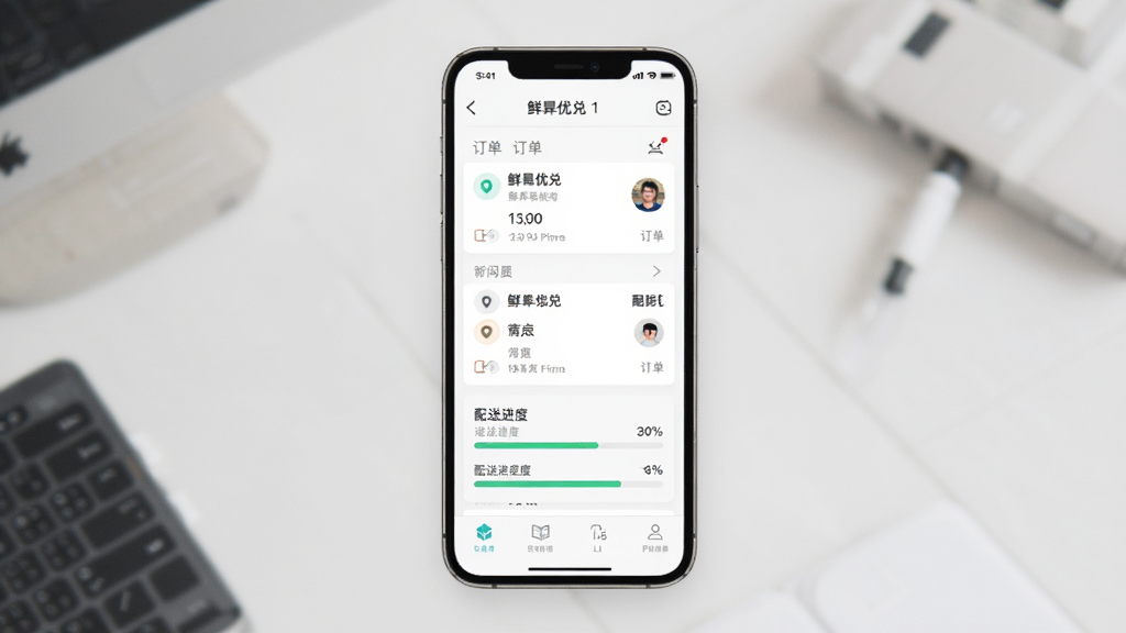 鲜优兑订单物流跟踪页面,画面为手机屏幕展示订单列表与配送进度条,主体为手机与界面,布局为纵向排列,排版清晰,风格为简约商务风,细节包含地图定位图标、配送员头像、时间节点,画质清晰,干净,无多余元素