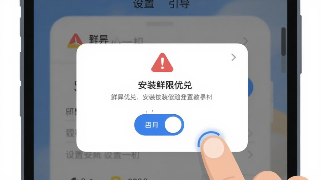 鲜优兑新手操作手机界面,画面主体为手机屏幕显示安装权限弹窗与设置引导,布局为居中特写,排版简洁,风格为扁平化插画,细节包含红色警示图标、蓝色开关按钮、手指点击动作,画质清晰,干净,无多余元素