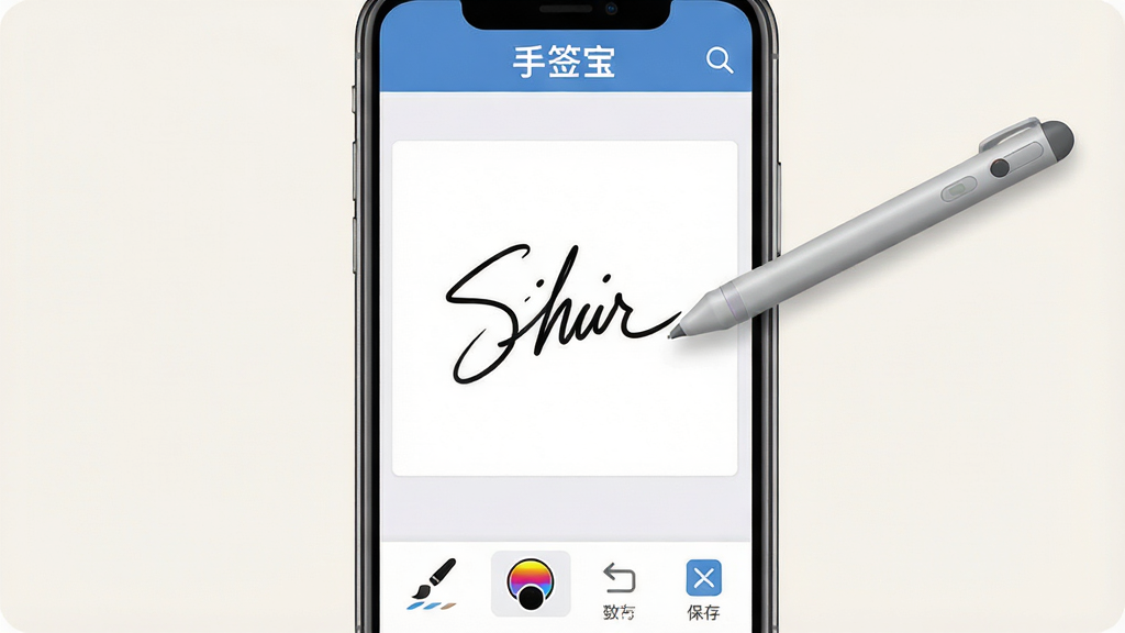 手签宝软件主界面展示,手机屏幕中央显示一块白色的手写签名区域,一支虚拟的签字笔正在书写流畅的黑色笔迹,界面顶部有“手签宝”三个字的软件名称标识,底部排列着画笔粗细、颜色选择、撤销、保存等工具栏图标,整体布局简洁清晰,采用扁平化设计风格,浅色背景,画面干净,无多余元素,高清画质,产品界面预览图