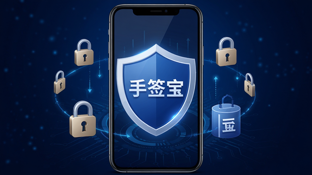 手签宝安全隐私保护概念图,画面中央是一部智能手机,手机屏幕显示一个盾牌形状的安全图标,盾牌内部有“手签宝”字样,盾牌周围环绕着锁形符号和本地存储的示意图,背景为深蓝色科技感渐变,整体风格稳重专业,强调安全与信任,高清画质,无多余装饰元素