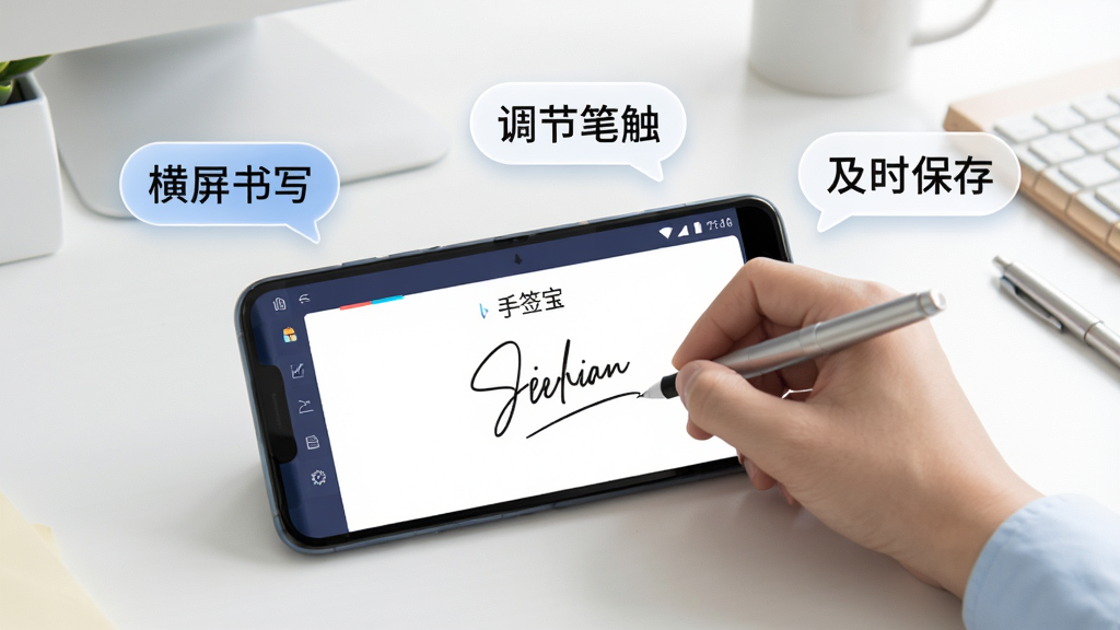 手签宝使用技巧示意图,画面展示一部安卓手机横屏放置在桌面上,屏幕显示手签宝的签名界面,旁边有一只手正在屏幕上书写签名,手机周围环绕着几个浮动的文字提示气泡,分别写着“横屏书写”“调节笔触”“及时保存”,背景为简洁的办公桌面,风格清新明快,高清画质,干净整洁