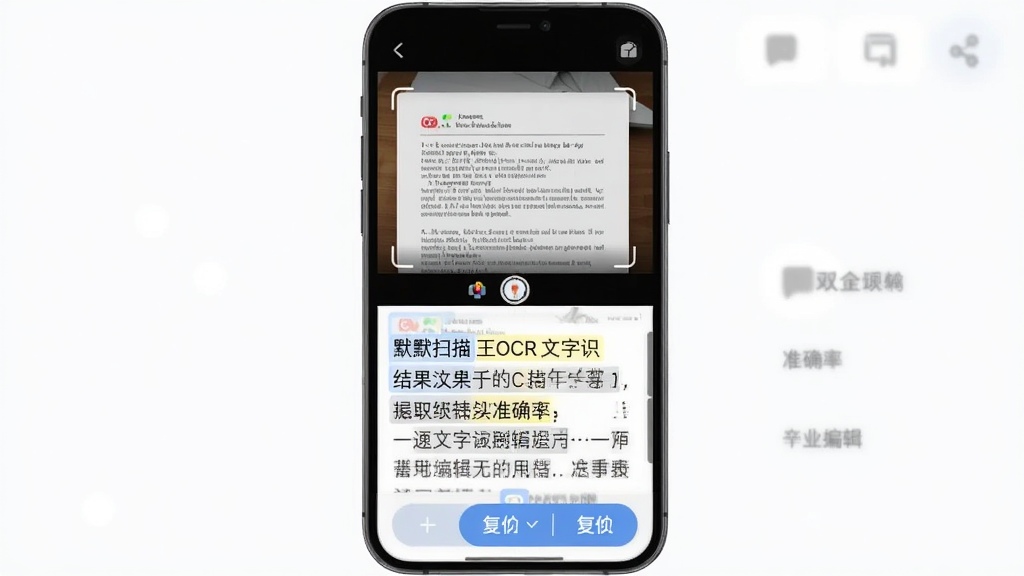 默默扫描王OCR文字识别结果展示图,画面中手机屏幕上半部分为扫描的文档图片,下半部分为提取出的可编辑文字,布局上下分屏对比,排版突出识别准确率,风格为实用工具类界面设计,细节包括文字高亮选中效果和复制按钮,画质高清,干净,无多余元素