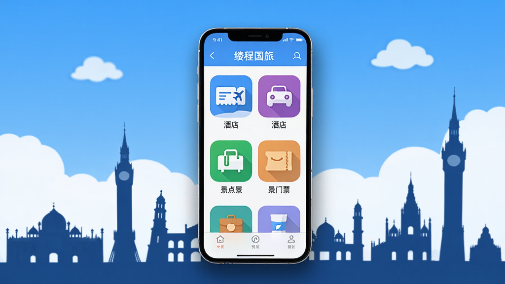 ����������һ�������ֻ����ֻ���Ļ��ʾ���Ƴ̹���APP�������棬������չʾ�Ż�Ʊ���Ƶꡢ������Ʊ��ͼ�ꡣ�ֻ������ڻ������룬������������ƺ�������ص������ر꽨����Ӱ�����ֲ��þ��й�ͼ�����Ϊ�ִ���ƽ���Ƽ��磬ϸ�����ֻ���Ե����͵���Ӱ������ͼ��ɫ�����ޡ������������ɾ����޶���Ԫ�ء�