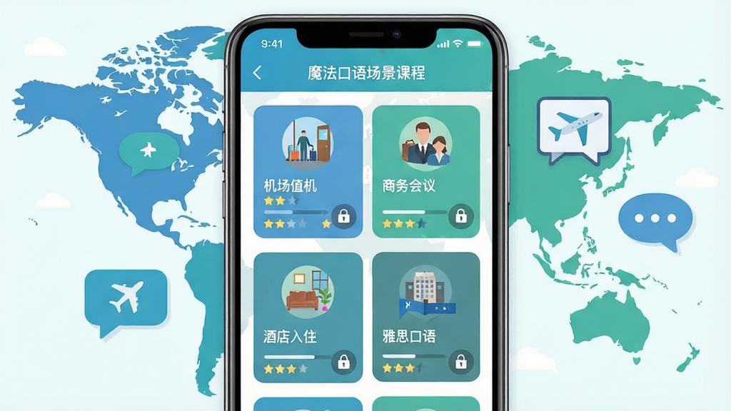 魔法口语场景化课程界面,主体为手机屏幕,显示课程分类卡片,包含“机场值机”“商务会议”“酒店入住”“雅思口语”等标签,背景是简化的世界地图与对话气泡。布局采用网格排列,每张卡片带有对应场景的小图标。风格为清新扁平化设计,色调以蓝绿为主,细节有课程进度条、星级评价、锁形图标表示未解锁。画质干净,无多余元素。