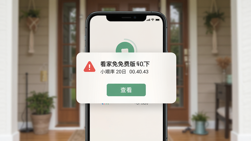 看家监控免费版移动侦测报警功能展示,画面中央为手机弹出报警通知的界面,背景为家中门口场景,布局为居中突出通知弹窗,风格为扁平化UI设计风,细节包含红色报警图标、时间信息、查看按钮,画质清晰干净无多余元素