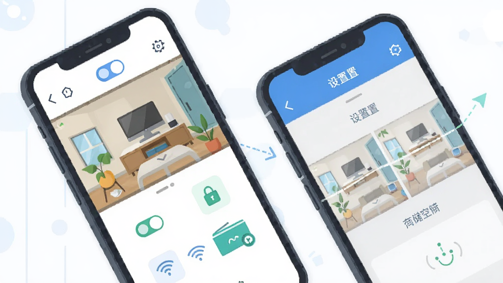 看家监控免费版移动端使用攻略示意图,画面中一部手机显示监控画面,另一部手机显示设置界面,布局为斜向排列展示操作流程,风格为扁平化插画风,细节包含权限开关图标、WiFi信号、存储空间标识,画质清晰干净无多余元素