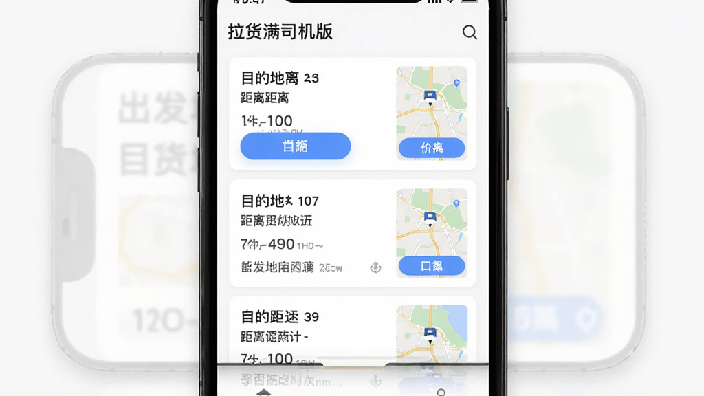 拉货满司机版货源列表界面,手机屏幕显示多条货运订单信息,包含出发地目的地距离价格等要素,主体为手机屏幕特写,布局为居中展示屏幕内容,风格为简洁清爽的移动应用界面风格,细节包括蓝色高亮按钮、订单卡片、地图缩略图,画质清晰干净无多余元素