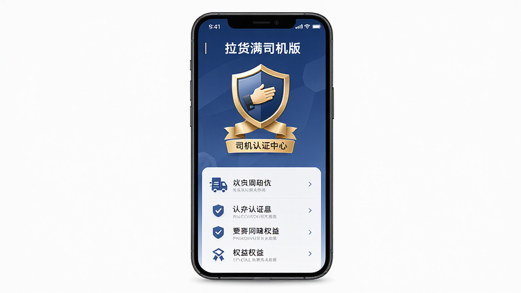 拉货满司机版司机认证中心界面,手机屏幕显示认证徽章与权益说明,主体为手机屏幕与认证图标,布局为居中展示,风格为专业可靠商务风,细节包括盾牌图标、认证标签、权益列表,画质清晰干净无多余元素