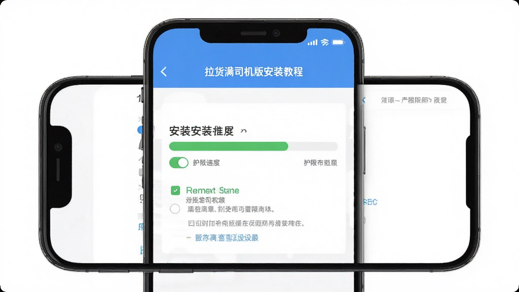 拉货满司机版安装教程示意图,手机屏幕显示安装进度条与权限设置页面,主体为手机与安装界面,布局为居中展示,风格为清晰教程风格,细节包括进度条、权限开关、提示文字,画质高清干净无多余元素