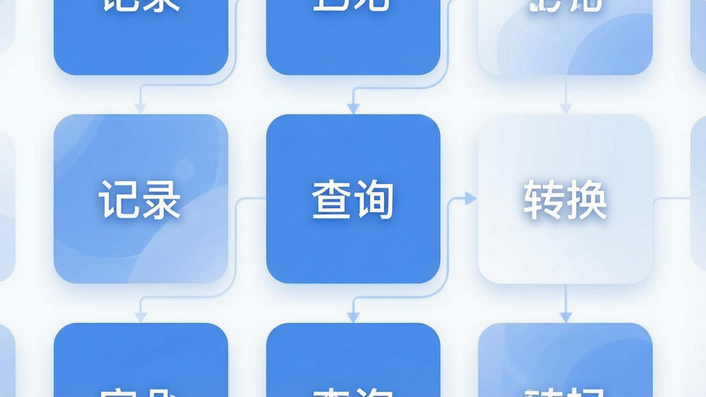 一张展示“P3”应用内部功能模块的示意图,画面中多个方形卡片整齐排列,分别标注“记录”、“查询”、“转换”等字样,卡片采用柔和的圆角设计,配色以蓝白为主,整体风格简约商务,画质干净清晰