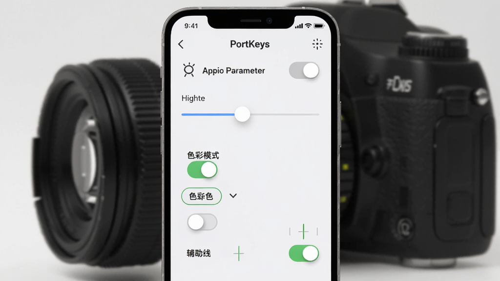 一张展示 PortKeys 应用参数调节界面的图片,主体为手机屏幕显示滑块与开关控件,布局为手机居中,背景为摄影机侧面,排版为纵向展示,风格为专业工具类应用,细节包括亮度调节滑块、色彩模式选项、辅助线开关,画质清晰,干净,无多余元素。