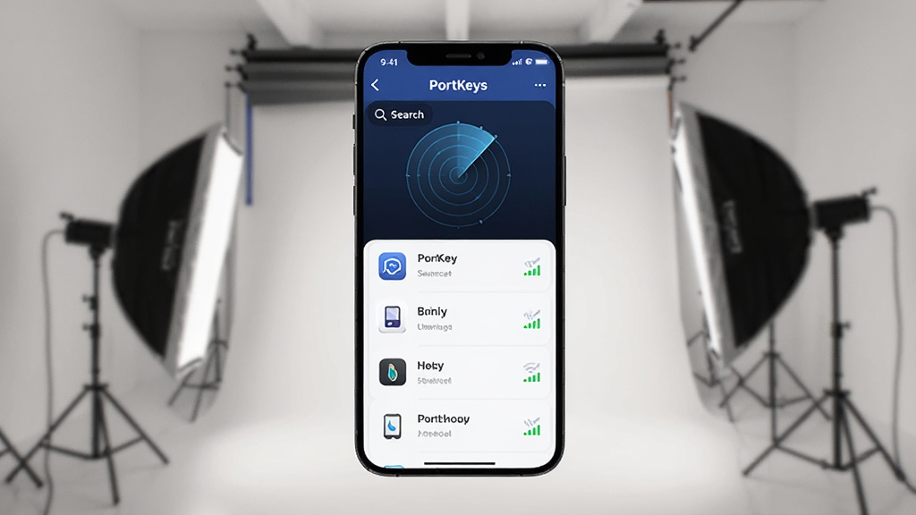 一张展示 PortKeys 应用设备连接界面的图片,主体为手机屏幕显示设备搜索列表,布局为手机居中,背景为摄影棚环境,排版为横向展示,风格为现代科技感,细节包括搜索雷达动画、设备名称与信号强度图标,画质清晰,干净,无多余元素。