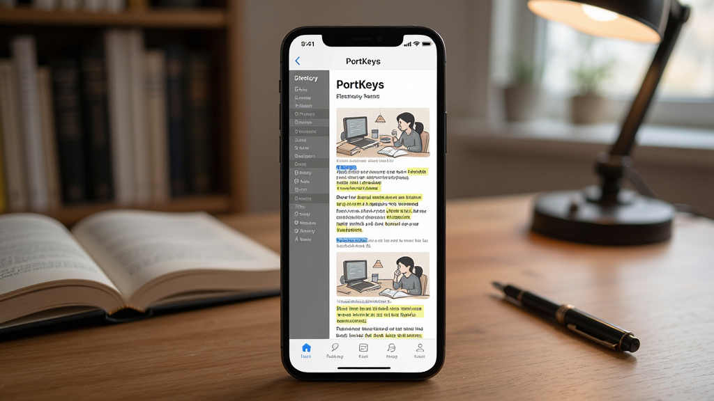 一张展示 PortKeys 应用内电子说明书界面的图片,主体为手机屏幕显示图文教程页面,布局为手机居中,背景为书房桌面,排版为纵向展示,风格为阅读类应用,细节包括目录侧边栏、图文混排内容、高亮标注,画质清晰,干净,无多余元素。