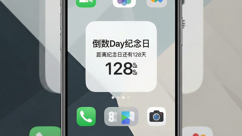 一张手机桌面展示倒数Day纪念日小组件,桌面背景为简约几何纹理,屏幕中央放置一个方形小组件,组件内显示“倒数Day纪念日”文字与“距离纪念日还有128天”字样,组件下方有若干应用图标整齐排列,主体为手机正面视角,布局干净有序,风格现代扁平化,细节清晰,画质高清,干净无多余元素
