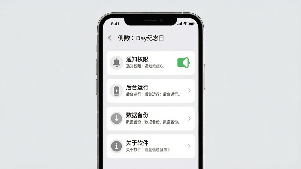 一张手机屏幕展示倒数Day纪念日设置页面,页面包含“通知权限”“后台运行”“数据备份”“关于软件”等选项,每个选项配有图标与说明文字,主体手机居中,背景为浅灰色,布局纵向排列整齐,风格简约实用,细节清晰,画质高清,干净无多余元素