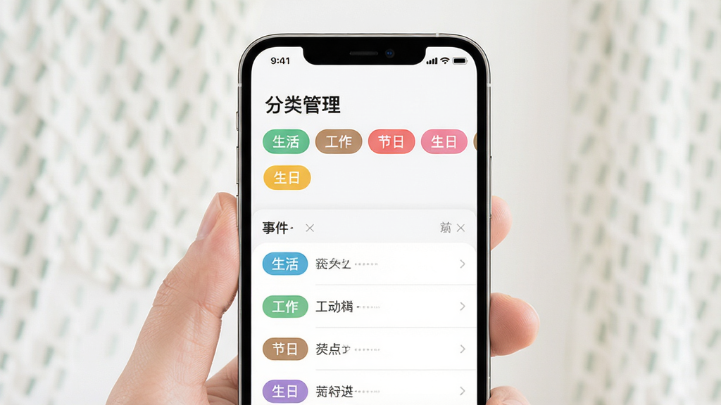 一张手机界面展示倒数Day纪念日分类标签与筛选功能,屏幕上半部分显示“分类管理”标题,下方排列“生活”“工作”“节日”“生日”等彩色标签按钮,下半部分为事件列表,每个事件带有对应标签颜色,主体手机居中,布局上下结构清晰,风格清新柔和,细节精致,画质高清,干净无多余元素