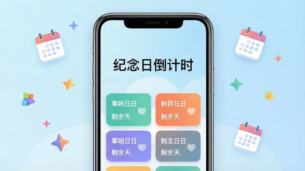 一张手机屏幕展示倒数Day纪念日应用主界面,界面中央显示“纪念日倒计时”大标题,下方排列多个彩色卡片式事件条目,每个卡片标注事件名称与剩余天数,背景为柔和渐变浅蓝色,主体手机居中放置,周围点缀日历图标与星星元素,排版简洁清晰,风格清新现代,细节精致,画质高清,干净无多余元素