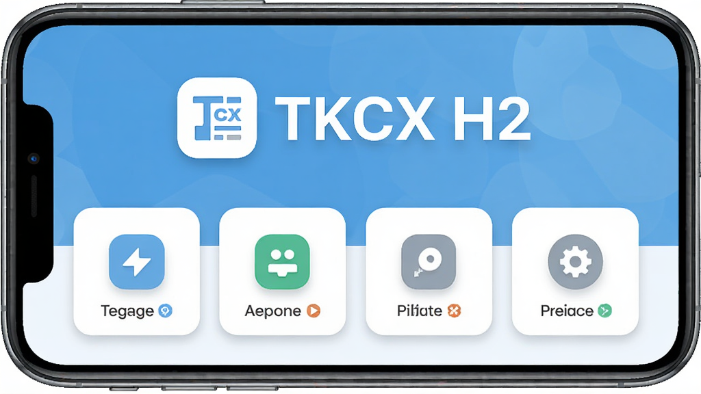 一张手机应用界面展示图,画面中央为TKCX H2软件的主页,主体布局为上下结构,上方是软件名称“TKCX H2”与简洁图标,下方排列四个功能入口卡片,整体排版干净整齐,风格为现代扁平化设计,细节包括圆角图标、浅色背景、柔和阴影,画质清晰,画面干净,无多余元素