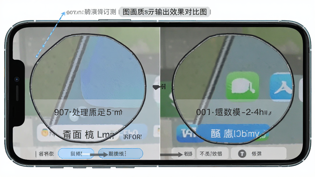 一张展示图适画质无损输出效果的对比图,主体为手机屏幕中左右并排显示处理前后的图片细节放大区域,布局采用上下对比结构,风格为专业技术评测风格,细节包含画质参数标签与格式选择按钮,画质清晰,干净,无多余元素。