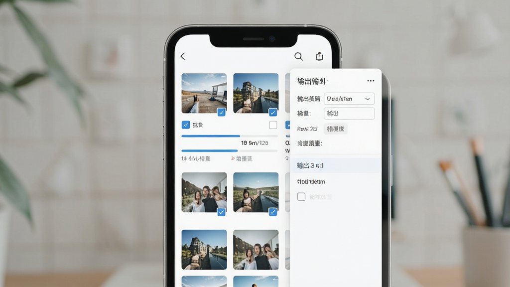 一张展示图适批量处理功能的示意图,主体为手机屏幕中显示多张图片缩略图与进度条,布局采用网格排列,风格为清爽的浅色系办公工具界面,细节包含批量勾选框与输出设置面板,画质清晰,干净,无多余元素。