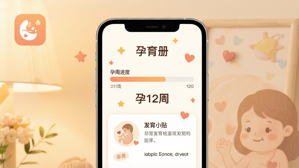 主体:孕育册软件主界面手机样机一台,布局:居中展示,背景为柔和暖色调;排版:软件图标位于左上角,界面显示孕周进度条和胎儿发育小贴士;风格:温馨治愈系扁平化设计;细节:手机屏幕内文字清晰显示“孕育册”和“孕12周”,周围点缀小星星和爱心图标;画质:高清,干净,无多余元素