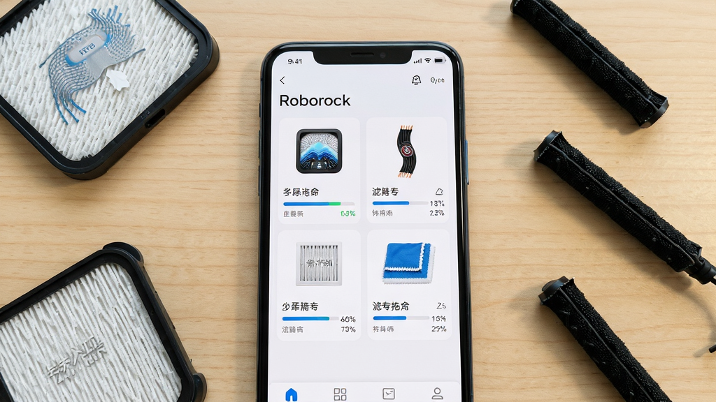 һ��չʾRoborockӦ�úĲĹ��������ͼƬ�������������ֻ���Ļ��д����Ļ����ʾ��ˢ����ˢ���������ϲ��ĸ��Ĳ�ͼ�꣬ÿ��ͼ���·��������������Ͱٷֱ����֡��ֻ�������һ��ǳɫľ���ϣ��Ա�ɢ�����µ������ͱ�ˢ���������Ϊ�ֻ����У�����������ܡ����Ϊ�����Ʒ��Ӱ��ϸ�ڰ����Ĳ��ϵ�������App��������ı�ǩ���������������߾��ȣ��ɾ������ҡ�