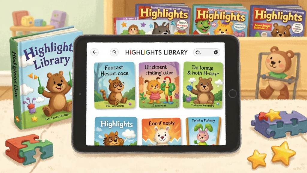 һ��չʾHighlights LibraryӦ��������Ķ�ͯ�Ķ������廭�������������һ̨ƽ����ԣ���Ļ��ʾɫ�ʷḻ�Ļ汾����Ϳ�ͨ�����ɫ����Χ������Ӣ�Ĺ����顢ƴͼ������ǽ���ͼ�꣬��������ܰ�Ķ�ͯ�鷿������ϰ���Highlights��־���������������ã��ֻ��ʸУ���ͼ���⣬ϸ�ڷḻ�����������ɾ����޶���Ԫ��