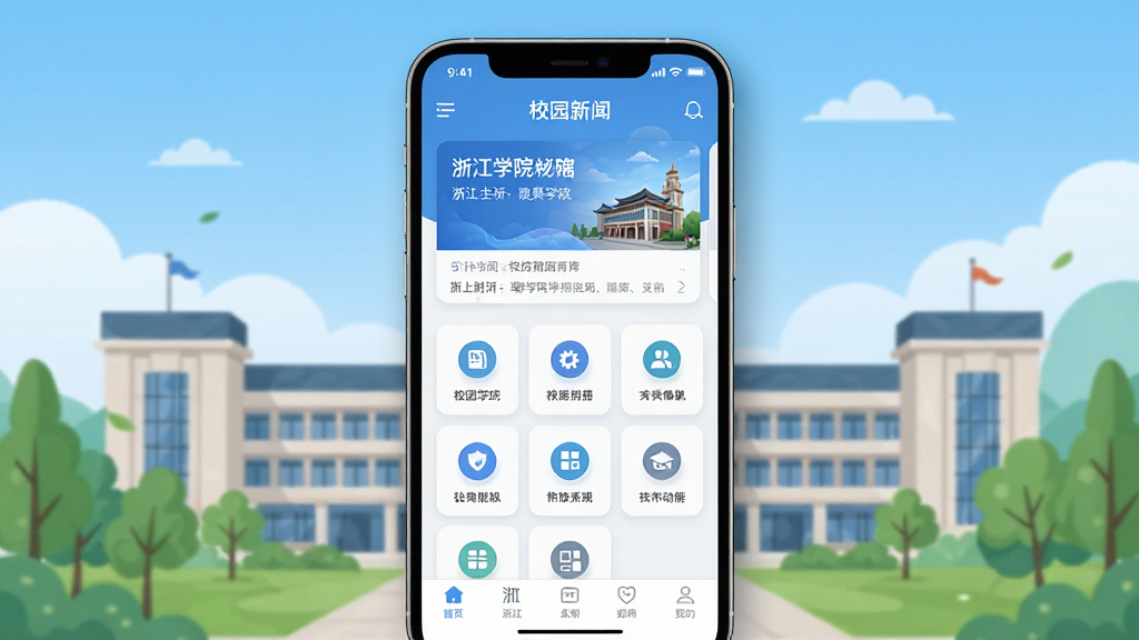 一张展示掌上财浙-浙江学院移动端应用界面的主视觉图,画面中央为一部竖屏智能手机,屏幕内呈现应用首页布局,包含校园新闻卡片、功能图标网格与底部导航栏,背景为浙江学院标志性建筑与蓝天绿树的插画风格融合,整体排版简洁明亮,风格为现代扁平化科技风,细节包括清晰的图标与柔和阴影,画质高清,干净,无多余元素