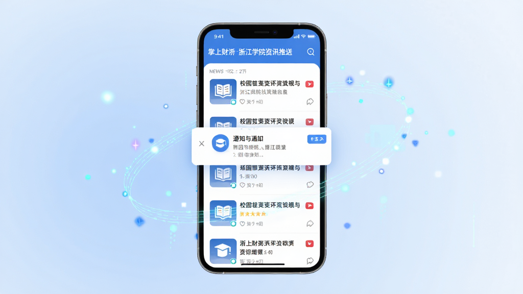 一张展示掌上财浙-浙江学院资讯推送界面的概念图,画面以手机屏幕为中心,屏幕内显示新闻列表与通知弹窗,周围环绕着象征信息流动的光点与线条,背景为柔和的蓝白渐变,风格为现代科技感与校园清新风结合,细节上突出文字清晰可读与图标醒目,画质高清,干净,无多余元素