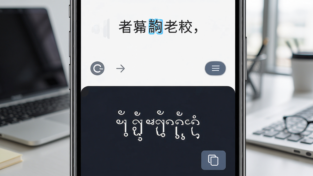 老挝语音翻译软件中文转老挝语功能界面,手机屏幕上半部分显示中文语音输入内容,下半部分显示老挝语翻译结果,背景为商务办公桌面,布局左右分栏清晰,风格简约商务,细节包含语言切换箭头和复制按钮,画质高清,无多余元素