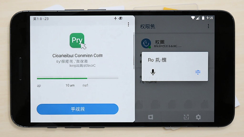 老挝语音翻译软件在安卓手机上的安装与权限设置界面,手机屏幕显示应用安装确认页面和麦克风权限弹窗,背景为浅色桌面,布局突出手机屏幕和操作按钮,风格简洁实用,细节包含安装进度条和权限图标,画质高清,无多余元素