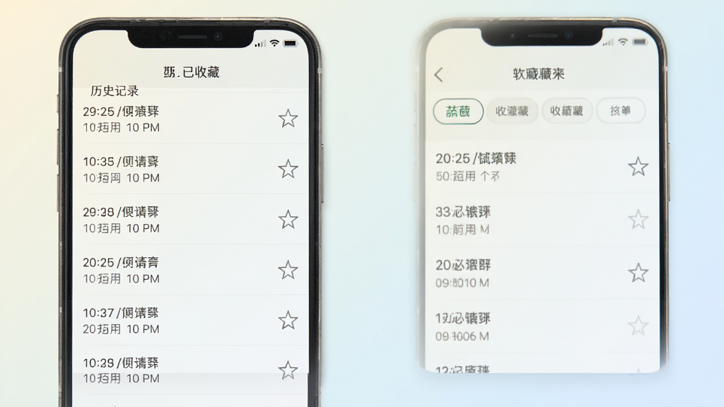 老挝语音翻译软件历史记录与收藏界面,手机屏幕显示翻译记录列表和收藏夹标签,背景为浅色渐变,布局列表式排版,风格清新浅色,细节包含时间戳和星标图标,画质高清,干净整洁
