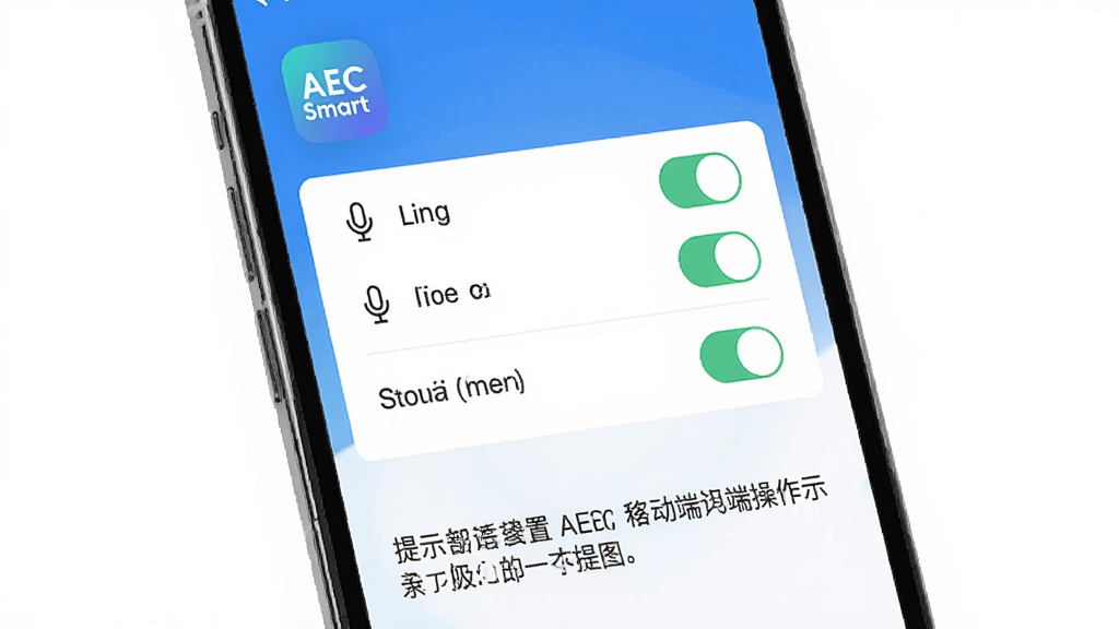 Smart AEC软件移动端操作示意图,主体为手机屏幕展示权限设置界面,布局采用上下排列,上方为权限开关列表,下方为提示文字,风格为清新简约风,细节包含Smart AEC软件图标、麦克风权限、存储权限开关,画质高清,干净,无多余元素