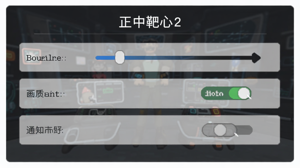 正中靶心2游戏设置界面截图,画面中显示音量调节、画质选择、通知开关等选项,背景为深色半透明面板,布局清晰,风格简洁,画质干净无多余元素
