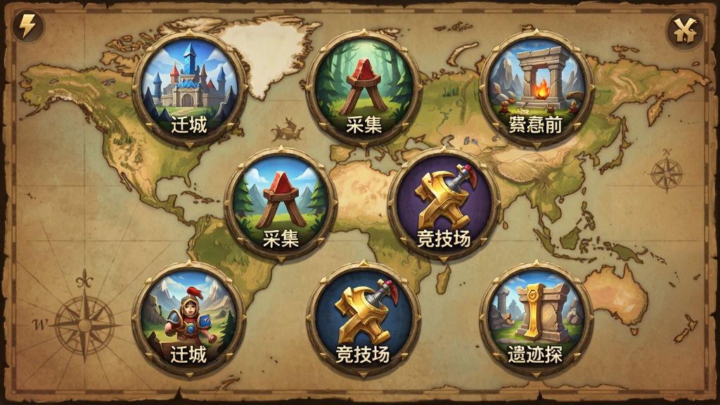 ������Ԫ�淨��ڽ��棬������Բ��ͼ�����չʾǨ�ǡ��ɼ������������ż�̽���ȹ�����ڣ�ÿ��ͼ���о��µ�С�廭�����ֱ�ǩ�������ǹŴ������ͼ��������Ϊ�ֻ���Ϸ���ܲ˵����Ű����룬���ʸ��壬�ɾ��޶���Ԫ��