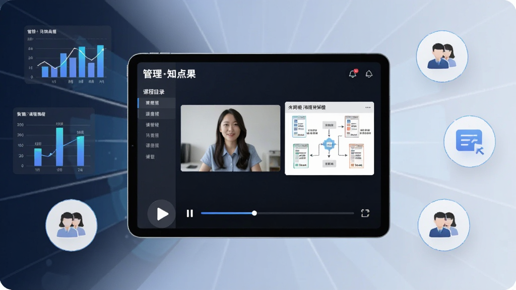 一个在线学习场景,画面中央为平板电脑显示“管理知点果”课程播放界面,画面中有讲师视频窗口和案例图表,周围环绕数据图表和团队协作图标,布局采用居中放射状排版,风格现代教育科技感,细节包含播放按钮、进度条、课程目录,画质高清,干净,无多余元素