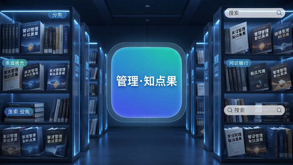一个虚拟知识库场景,画面主体为排列整齐的发光书架,书架上摆放各类管理书籍,书架前方悬浮“管理知点果”应用图标,布局采用中心对称构图,排版错落有致,风格科技感与商务感结合,细节包含书籍标题、分类标签、搜索框,画质高清,干净,无多余元素
