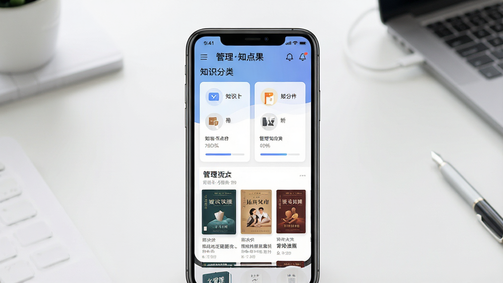 一张展示管理知识学习类手机应用整体界面的图片,画面中央放置一部智能手机,屏幕显示“管理知点果”应用首页,包含知识分类卡片和书籍封面列表,背景为简洁的办公桌面,主体突出手机屏幕,布局居中,排版清晰,风格现代简约商务,细节包含图标、文字标题、进度条,画质高清,干净,无多余元素