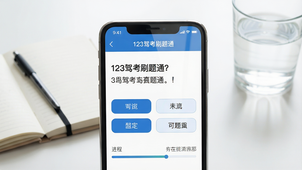 一张展示手机屏幕内驾考刷题软件界面的图片,画面主体是一部竖屏智能手机,屏幕上显示着“123驾考刷题通”的练习界面,包含题目文字、选项按钮和进度条,背景是简洁的书桌环境,有笔记本和一杯水,布局居中,风格写实清新,细节清晰可见手机边框与屏幕反光,画质干净明亮,无多余元素